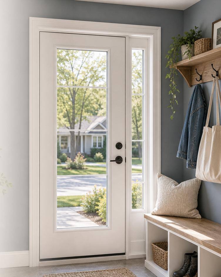 White entry door with glass sidelights